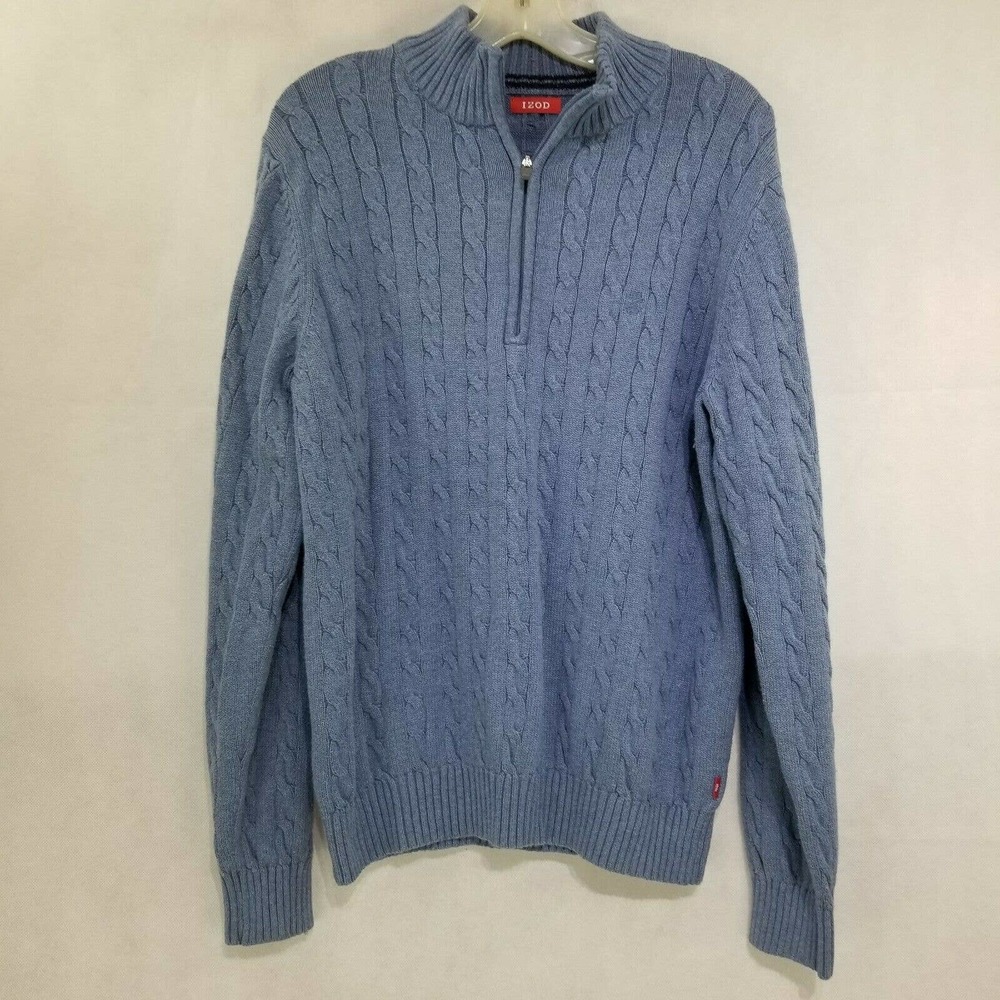 Izod Mens Blue Cable Knit 1/4 Zip Pullover Sweater M - Picture 1 of 11